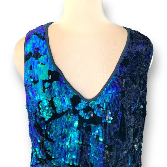 NYE SEQUINS! Mini Dress Blue Green Sequins Black Velvet Vneck Sleeveless… - Picture 3 of 10